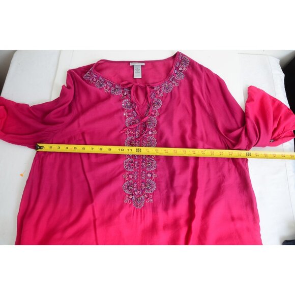 Catherine's PLUS 1X Ombré Pink Purple Beaded Flowy Tunic Top 3/4 Sleeve Blouse - Picture 9 of 12